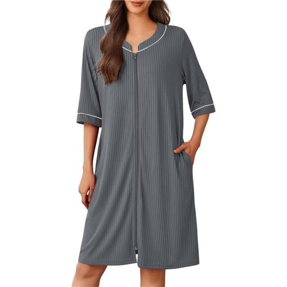 Other - Women Robes Zipper Front 3/4 Sleeve Housecoat Zip Up Bathrobes